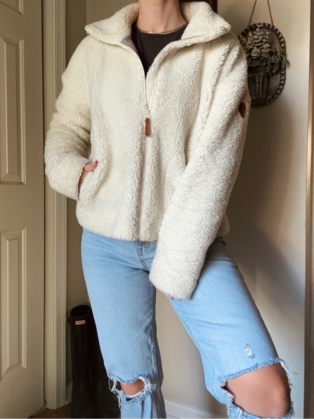 Alpine Design White Sherpa Teddy Jacket with Brown Patch